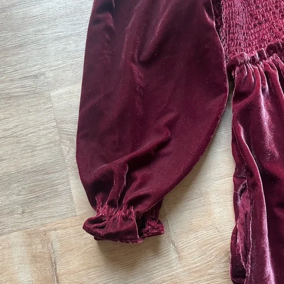 Free People Velvet Mini Dress Burgundy Puff Sleeve Lace Up Back S cottage boho - Picture 5 of 8